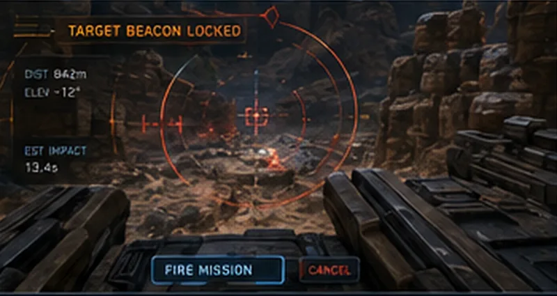 Concept of the Gravity Mortar aim view with a locked Target Beacon