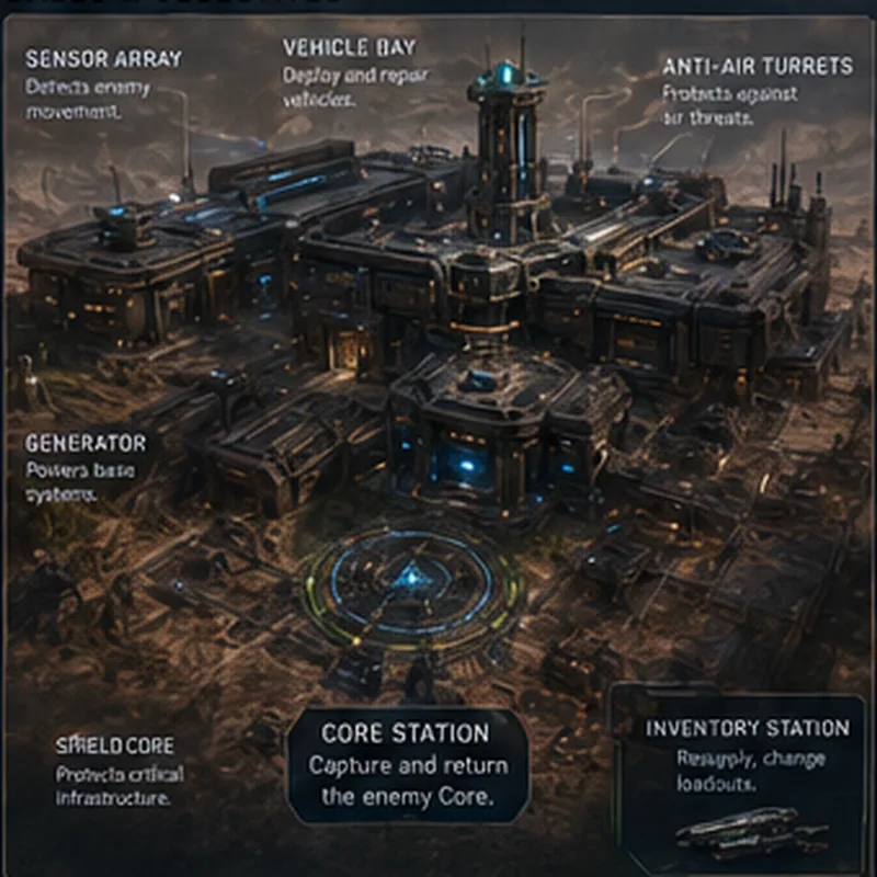 Concept of a full base: sensor array, vehicle bay, generator, Core Station and inventory station