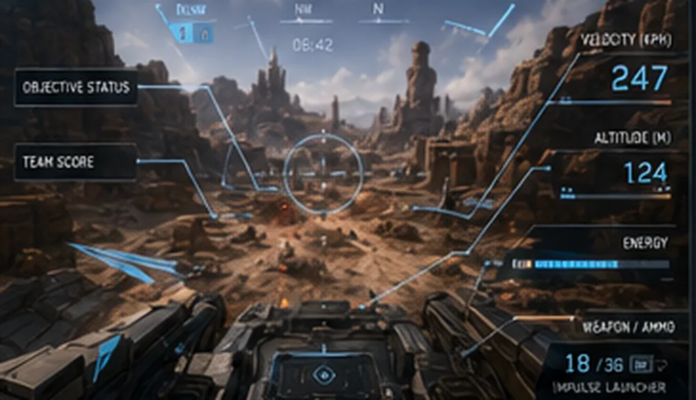 HUD concept: velocity 247 km/h and altitude on the right, objective status and team score on the left, weapon and ammo bottom right
