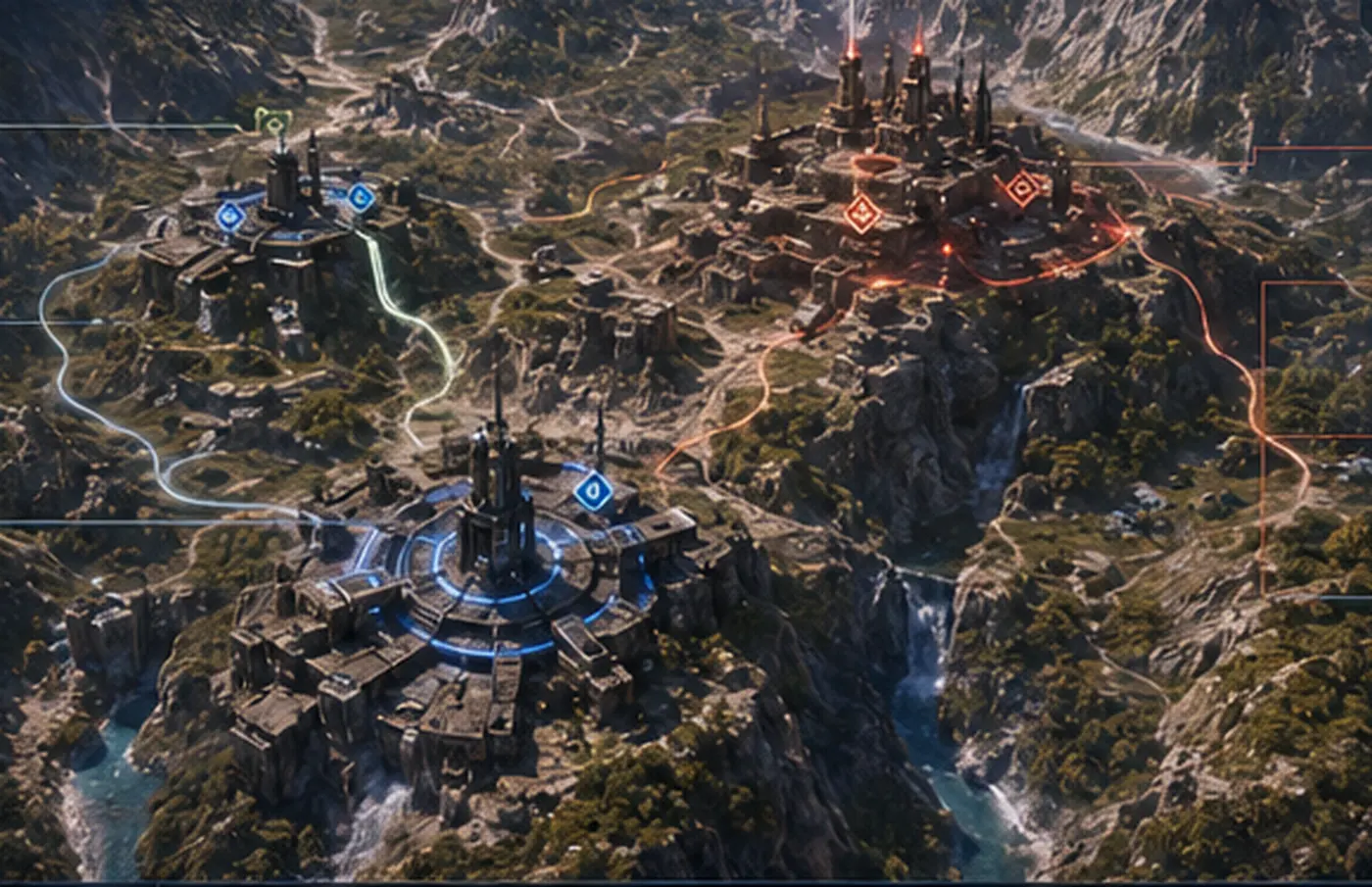 Concept overhead of the Echo Ridge battlefield: two bases, ridgeline routes, a river canyon