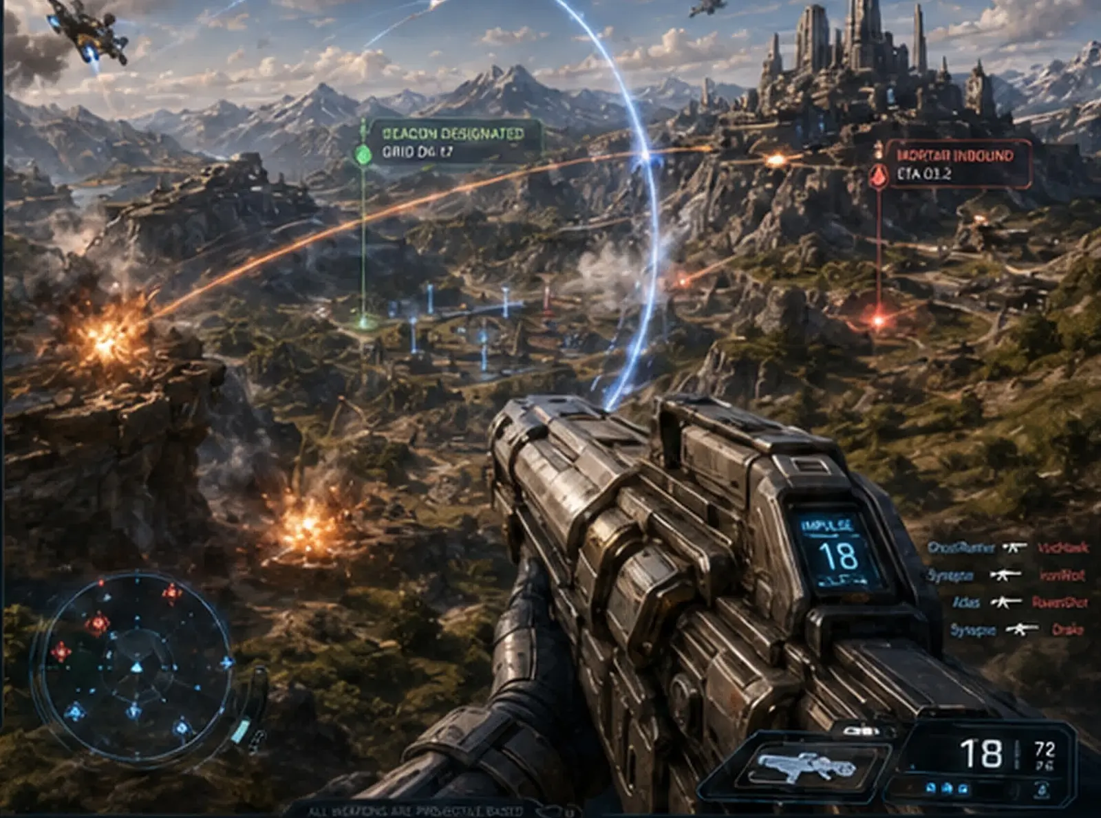 Concept first-person view: a Gravity Mortar arc traced over a valley base with a beacon designated